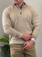 Bež elegantni muški džemper half-zip D4756, pletenica i rebrasti rukav