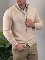 Bež elegantni muški džemper full-zip D8143, poluprofil