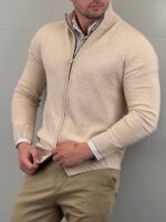 Bež elegantni muški džemper full-zip D8143, otkopčan rajsferšlus